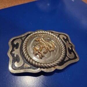 Western Rodeo Bronc Rider Belt Buckle Gold Silver Tone Rope Edge